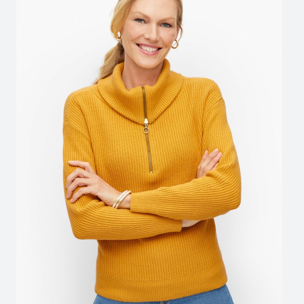 Talbots Mustard Golden Yellow Zip Cowl Neck Chunky Knit Long Sleeve Sweater 2X